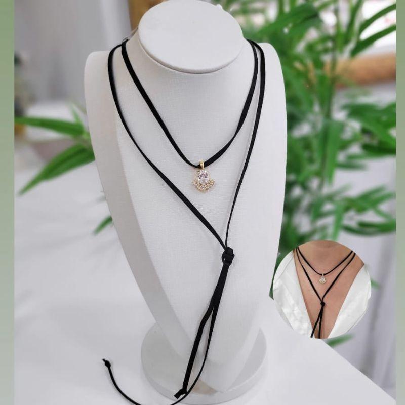 CHOCKER COUNTRY COM PINGENTE PEDRA OVAL COM 2 FILEIRAS DE ZIRCONIAS