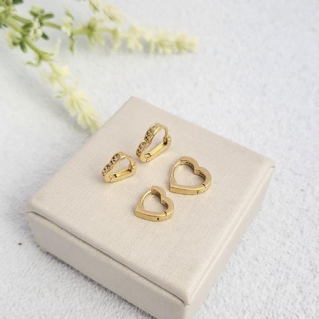 Dupla argolinhas coracao cravejado banhado a ouro 18k