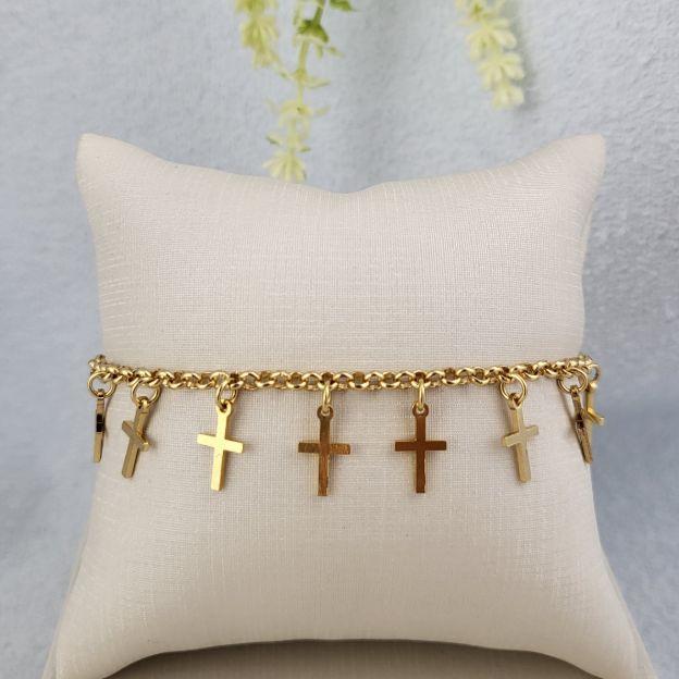 PULSEIRA COM PINGENTE CRUZ BANHADO A OURO 18K TAM20CM