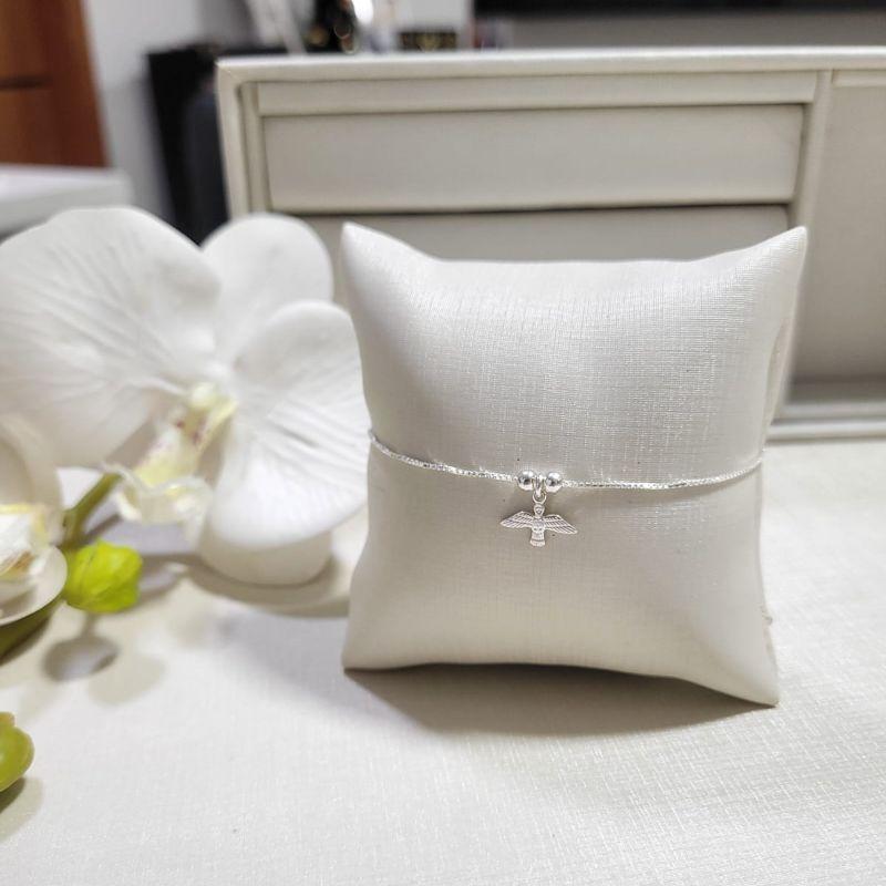 PULSEIRA DE PRATA 925 VENEZIANA COM DUAS BOLINHAS E PINGENTE ESPIRITO SANTO