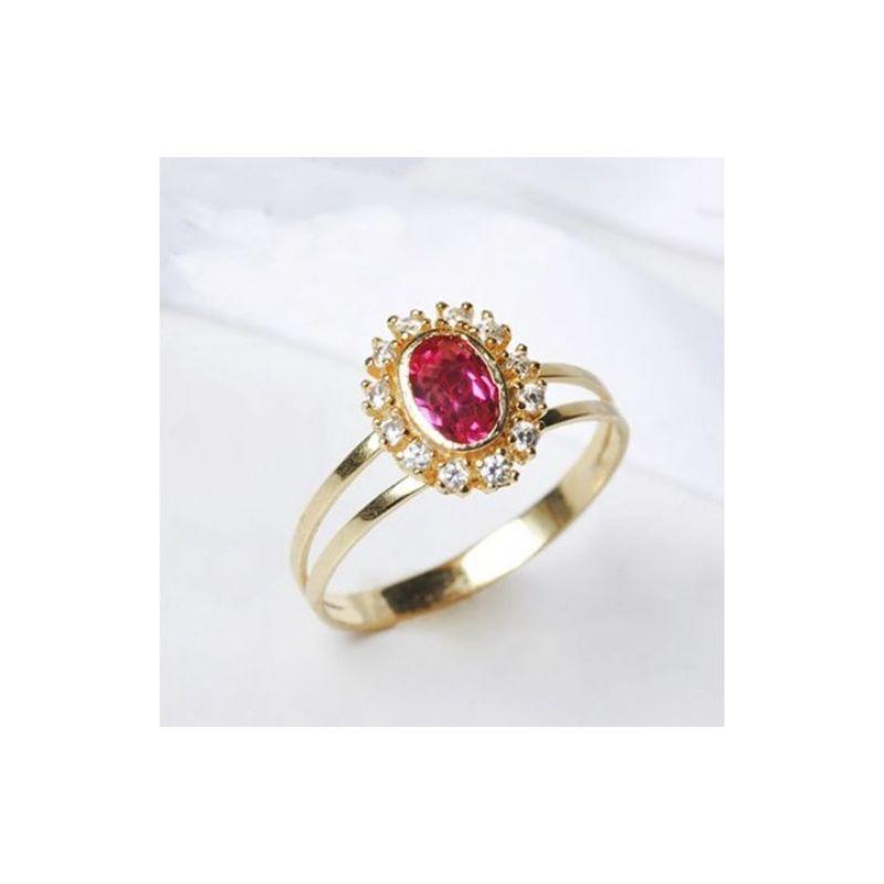 Anel de formatura feminino pedra oval na cor rosa com zirconias banhado a ouro 18k