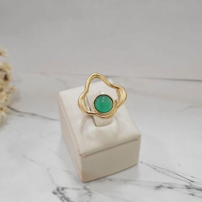 Anel geometrico pedra natural redonda agata verde banhado a ouro 18k