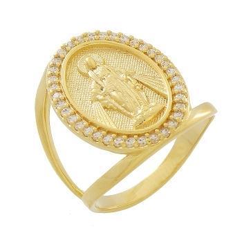 ANEL OVAL NOSSA SENHORA DAS GRACAS CRAVEJADO BANHADO A OURO 18K