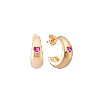 BRINCO CÔNCAVO COM PEDRA DE CORAÇÃO NO MEIO COR RUBI BANHADO A OURO 18K