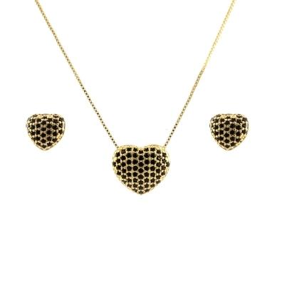 CONJUNTO CORACAO CRAVEJADO PRETO BANHADO A OURO 18K TAM45CM