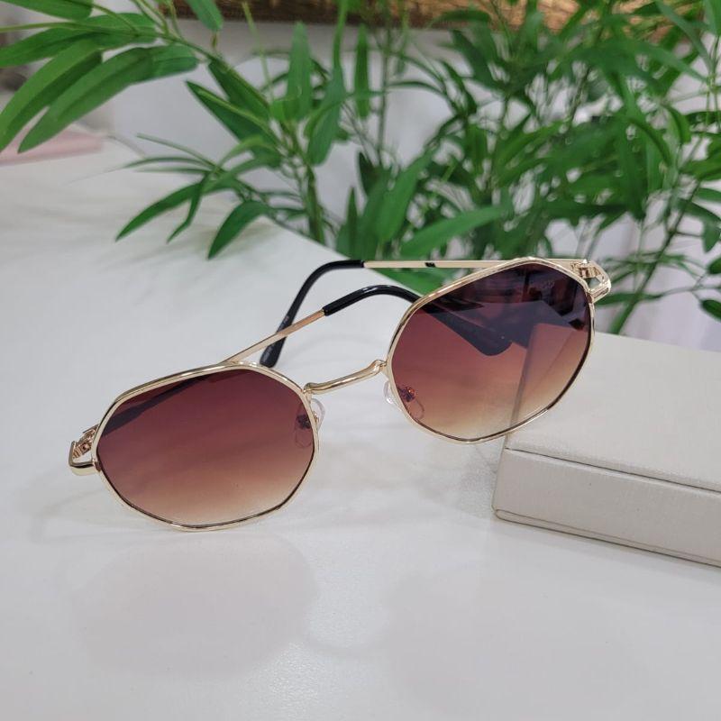 Oculos oval marrom armacao dourada perna dourada fina