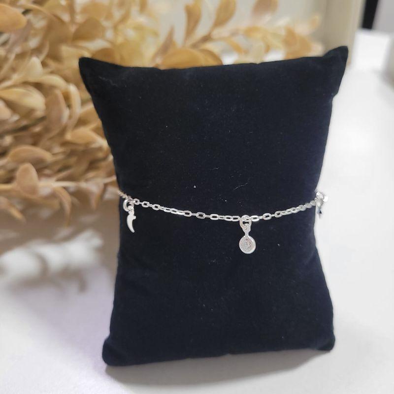 Pulseira com estrelinhas lua e ponto de luz prata 925 TAM18CM