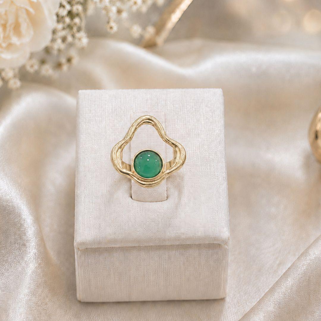 Anel geometrico pedra natural redonda agata verde banhado a ouro 18k