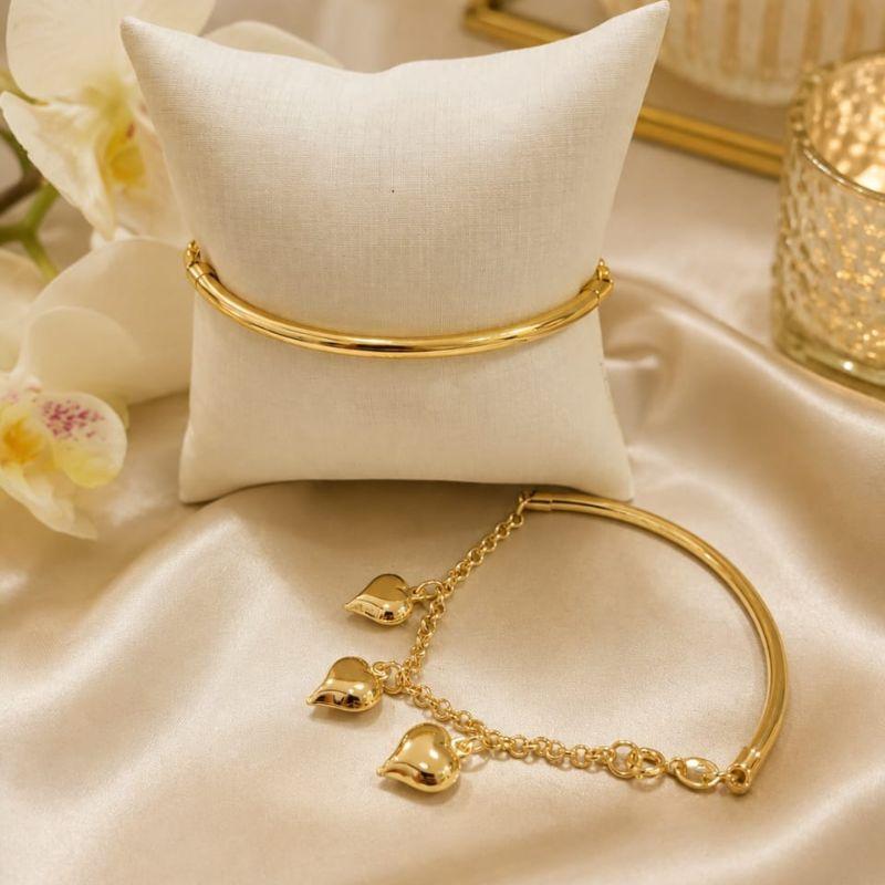 BRACELETE METADE CANINHO E PULSEIRA ELO PORTUGUES  COM 3 CORACOES