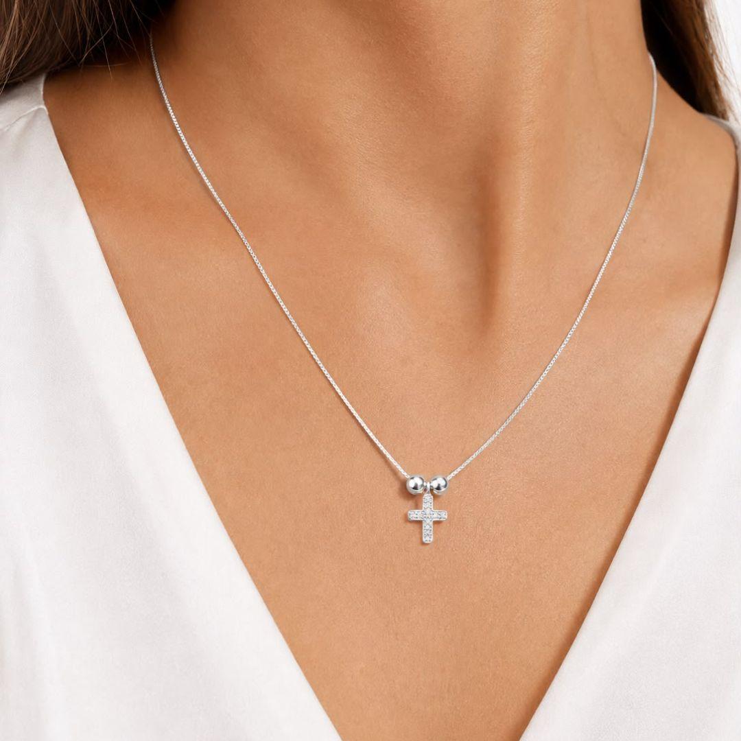 CHOKER DE PRATA 925 VENEZIANA COM DUAS BOLAS E PINGENTE CRUZ CRAVEJADA TAM32CM