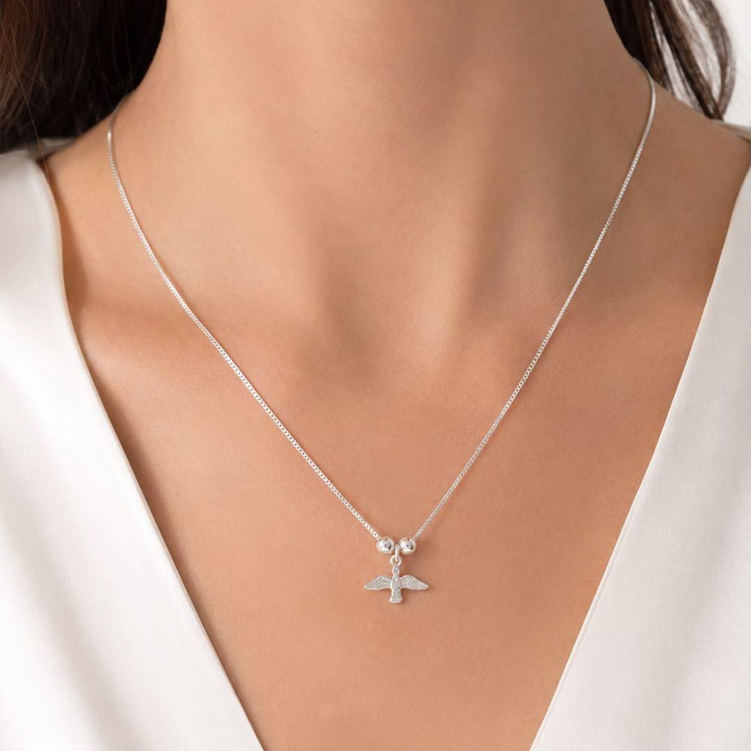 GARGANTILHA DE PRATA 925 VENEZIANA DUAS BOLINHAS E PINGENTE ESPIRITO SANTO TAM20CM