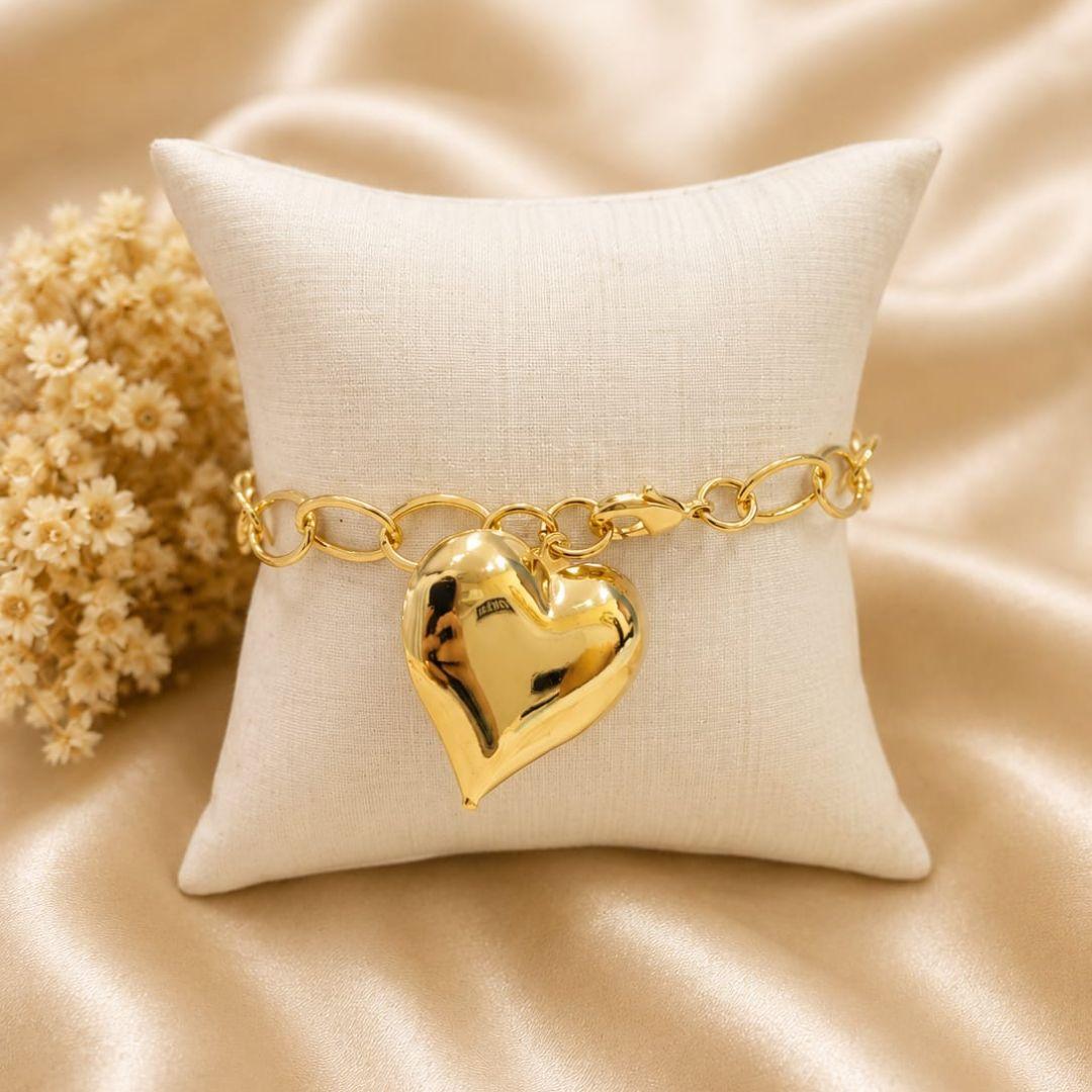 Pulseira elos grandes coracao liso grande na ponta  banhado a ouro 18k TAM20CM