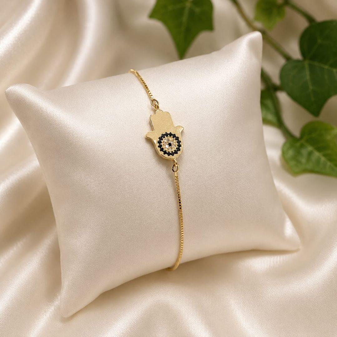 PULSEIRA MAO DE FÁTIMA CRAVEJADA VENEZIANA BANHADA A OURO 18K TAM18CM