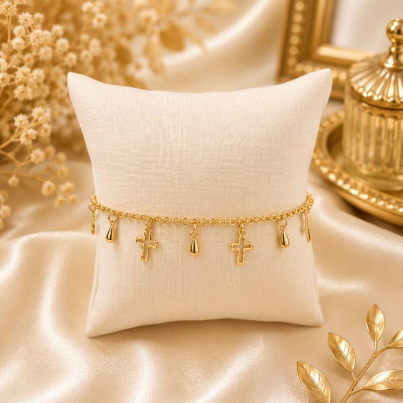 PULSEIRA NO ELO PORTUGUES CRUZ VAZADA E GOTINHAS BANHADO A OURO 18K TAM20CM