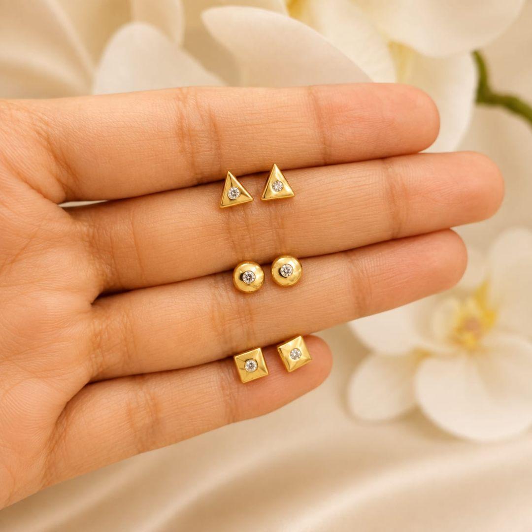 TRIO DE BRINCOS CIRCULO QUADRADO E RETANGULO COM 1 ZIRCONIA BANHADO A OURO 18K