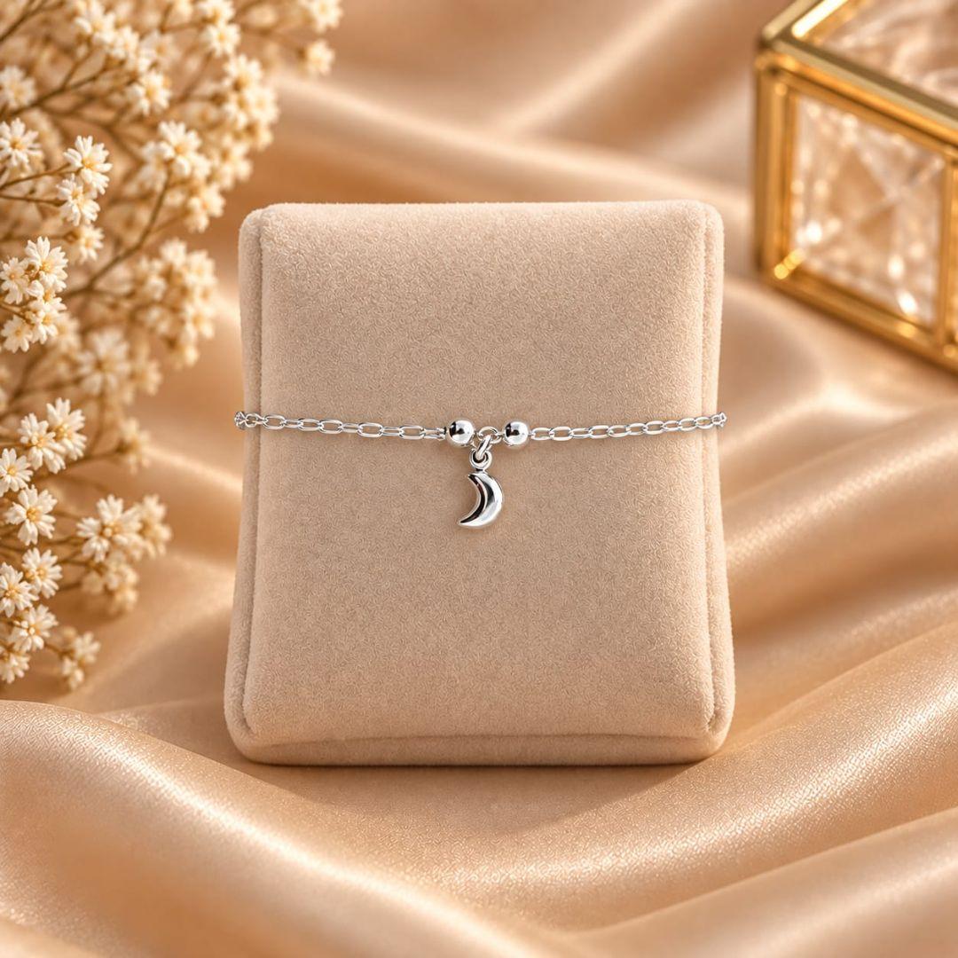 PULSEIRA DE PRATA 925 COM DUAS BOLINHAS E PINGENTE LUA